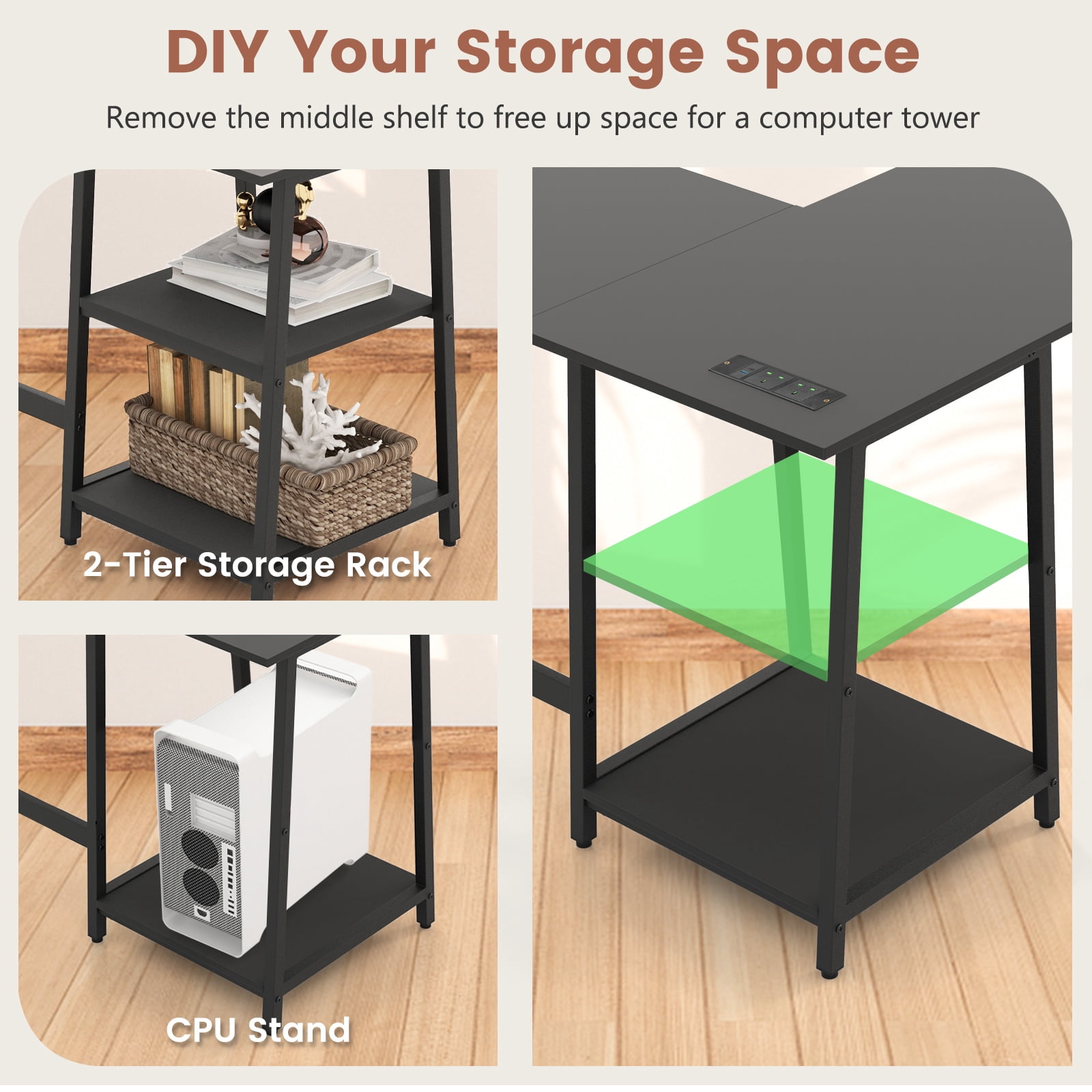 Giantex L Shaped Desk, Corner Gaming Desk w/Storage Shelves, Industrial Writing Desk Workstation, Black