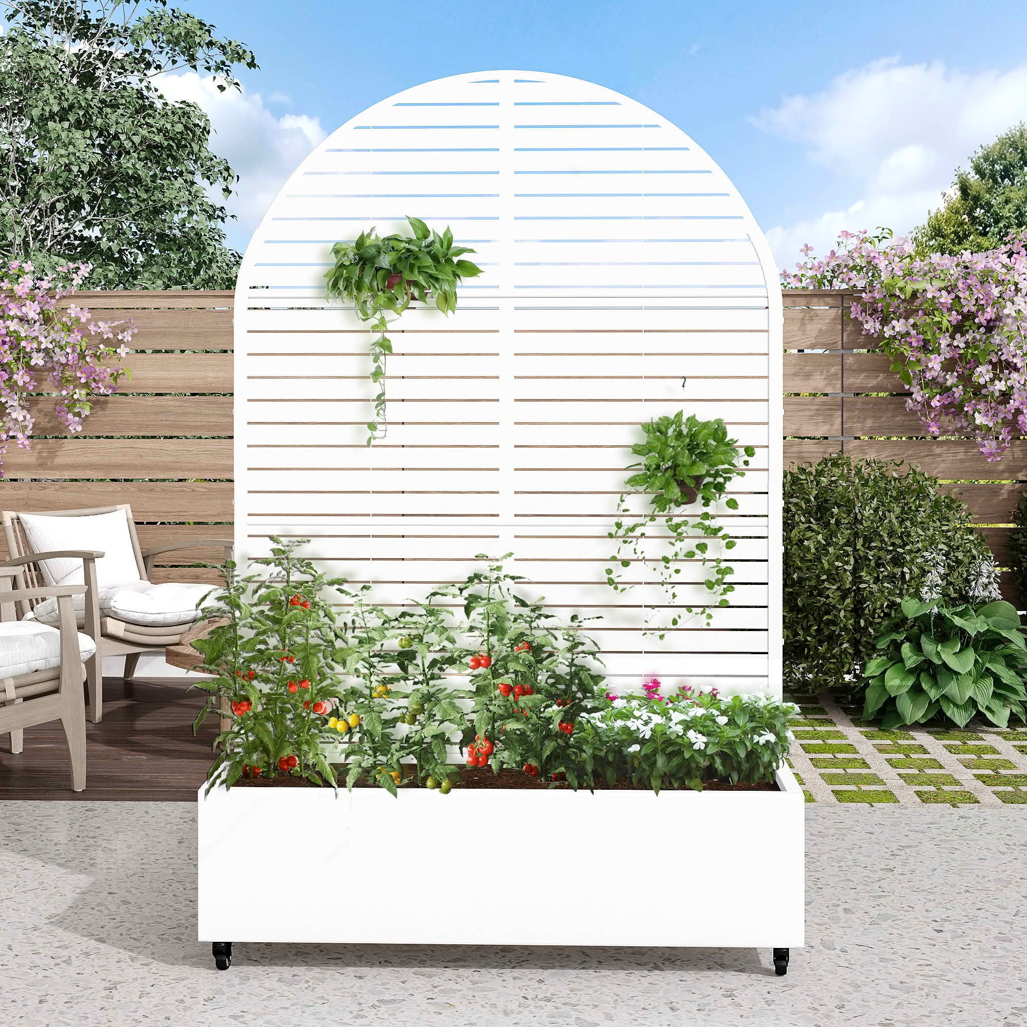MAYEERTY 72x47x16 Inch White Metal Arched Planter Box with Trellis, 3 Piece Set for Outdoor Garden & Patio