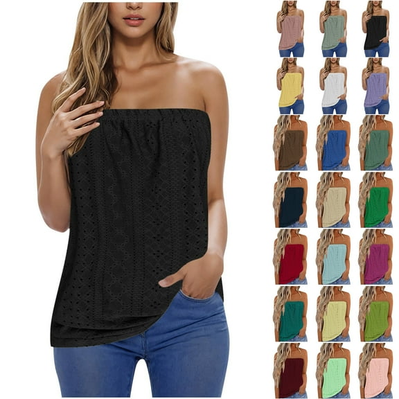 Otntypg Women's Crochet Tube Tops Cute Summer Solid Color Bandeau Tank Casual Strapless Blouse Off The Shoulder Tunic Shirts Black S