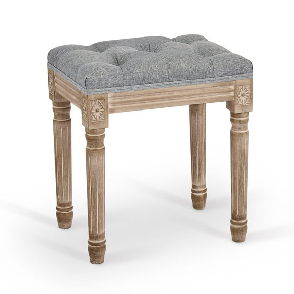 VONLUCE French Vintage Foot Stool with Rustic Wood Legs and Padded Seat, 18.5"" High Memory Foam Upholstered Vanity Stool and Entryway Bench, Tufted Fabric Ottoman Stool for Bedroom Living Room, Gray