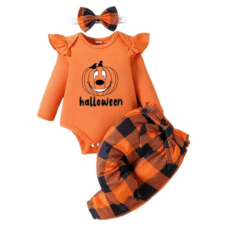 

Outfits for Teen Girls for 3-6 Months Boys Girls Long Sleeve Cartoon Romper Bodysuit Plaid Prints Pants Outfits Jumpsuit