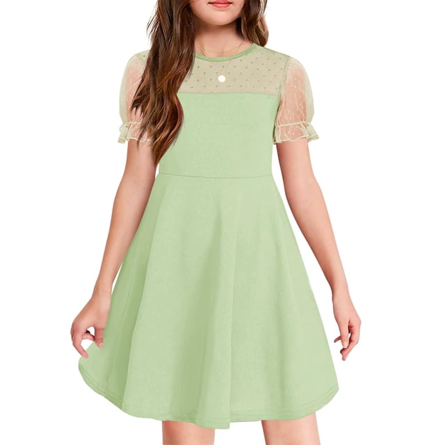 Vestido Haloumoning para niñas, malla en contraste, manga abullonada, verde claro
