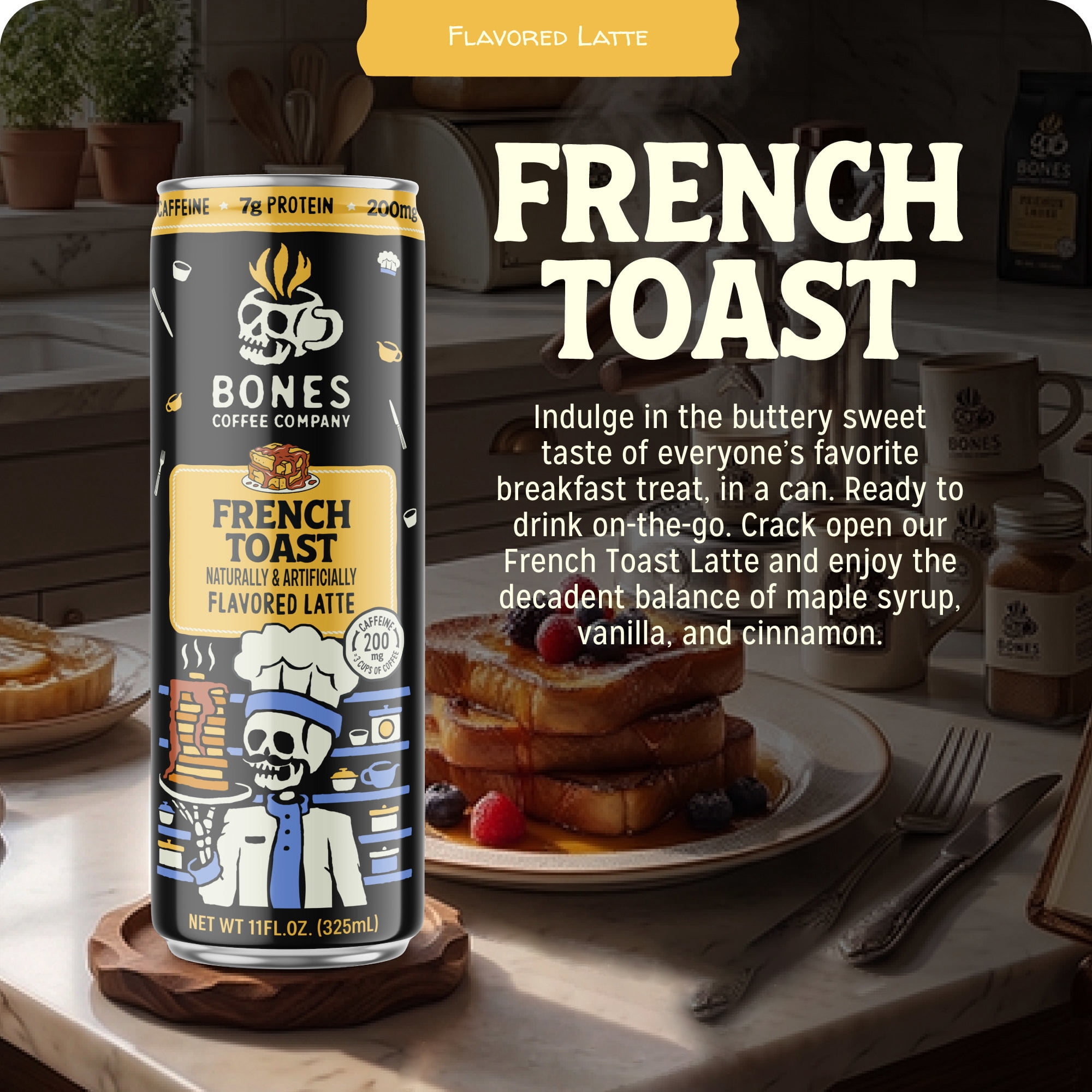 (2 pack) Bones Coffee Company French Toast Flavored Iced Coffee Latte, Ready To Drink Canned Coffee, 11 fl oz Can