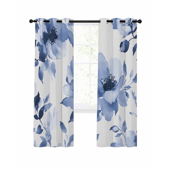 Blue Floral Spring Blackout Curtains 63 Inches Long for Bedroom, Retro Watercolor Botanical Summer Thermal Insulated Room Darkening Black Out Window Curtain Panels Grommet Drapes for Living Room
