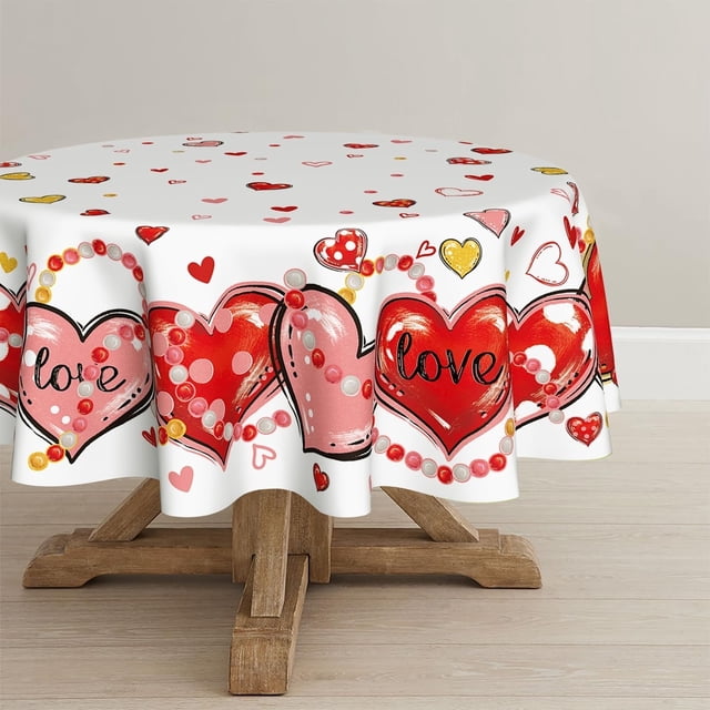 Valentine''s Day Tablecloth 60×60 Inch Round, Love Hearts Red Washable Table Cover for Party Picnic Dinner Decor