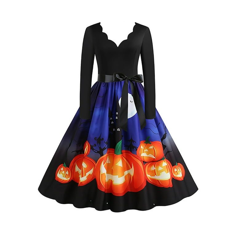 Julycc Women's Halloween Party V-neck bow-tie Printed Retro Dress 