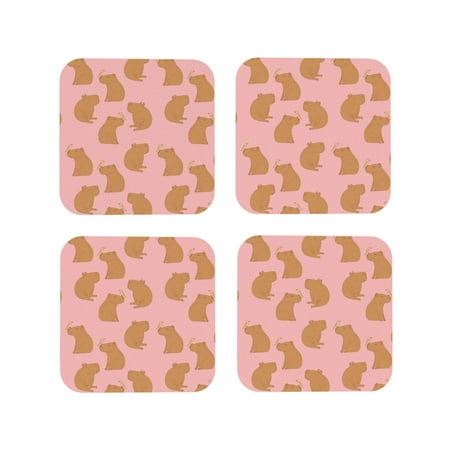 

Coasters Set of 4 - Bird Capybaras Pink Drink Coasters for Tabletop Protection Leather Coasters for Living Room Decor and Housewarming Gift Square