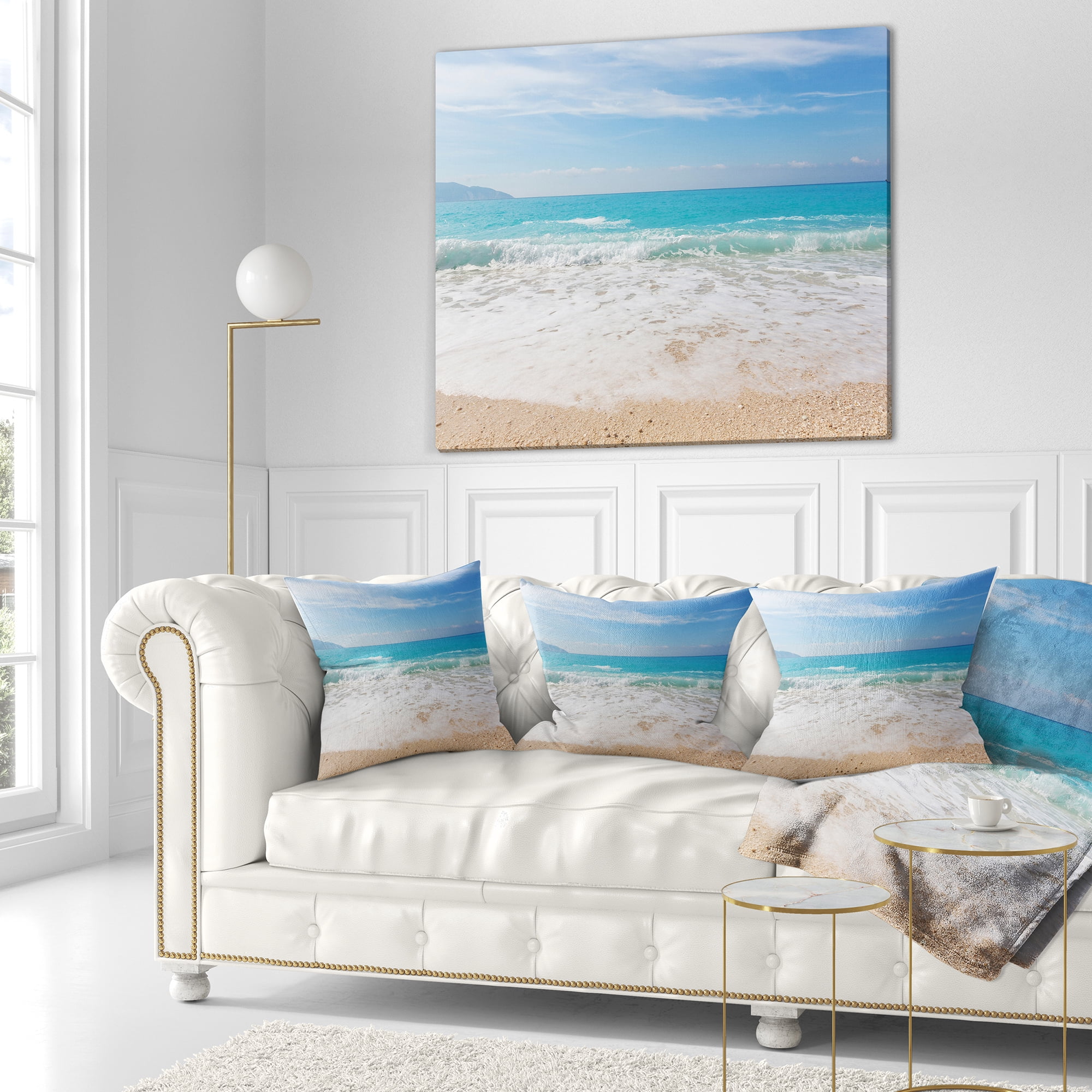 Designart White Waves Kissing Beach Sand - Seashore Throw Pillow - 16x16