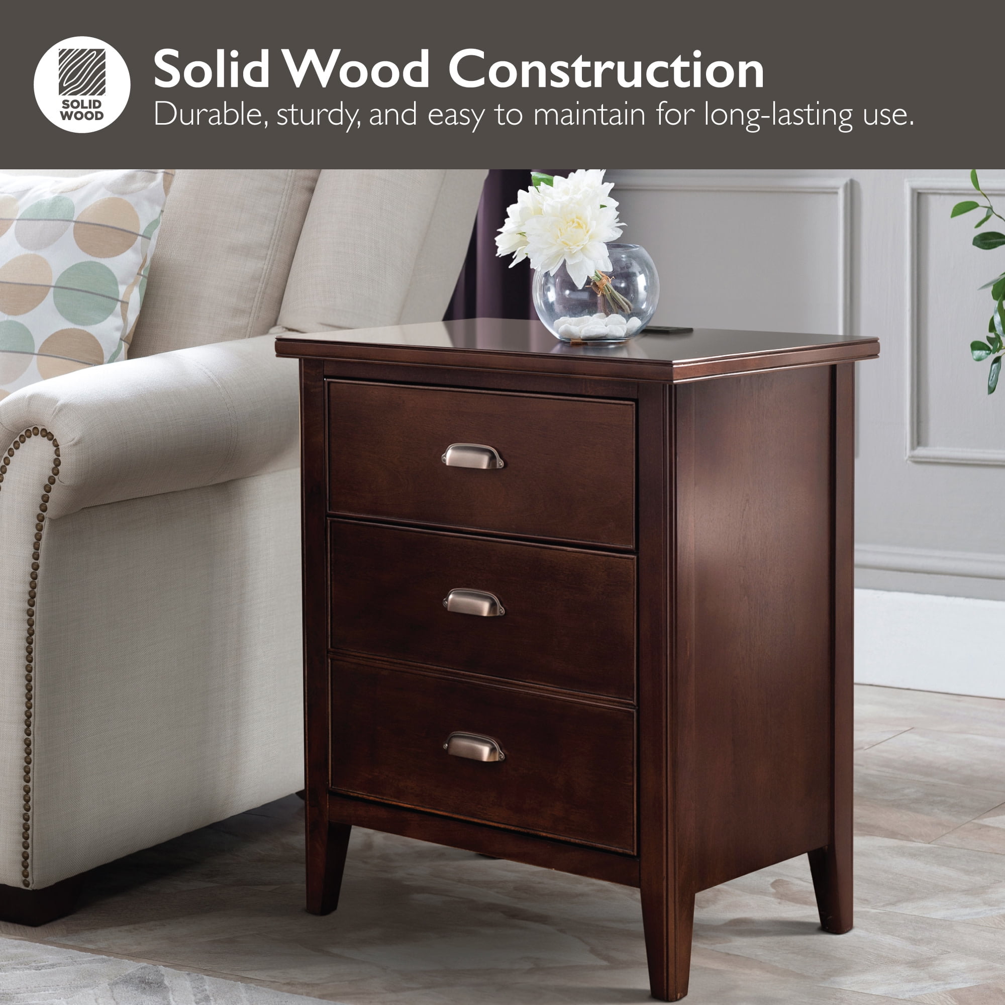 Leick Home Traditional 3-Drawer Solid Wood Laurent Nightstand with USB-C Charging Station, Chocolate Cherry