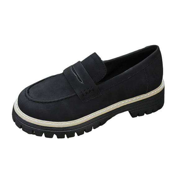 Modisza Womens Leather Loafers Slip on Dressy Walking Shoes Low Heel Summer Work Loafer Wide Toe Comfortable Outside Shoe Black Size 5