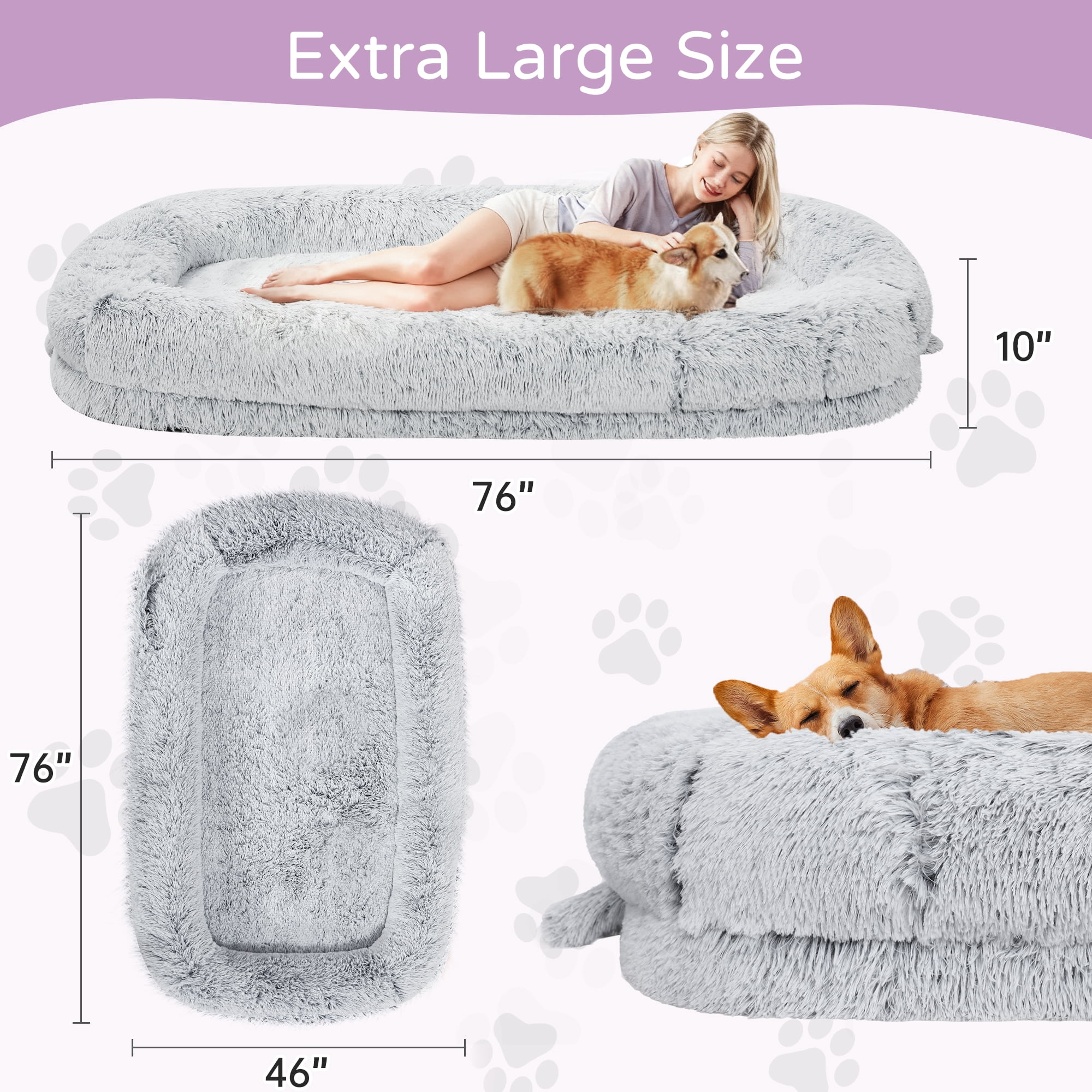 Skandiquip Large Human Dog Bed for Pets and Adults, 75"x43"x10", Plush Washable Cover With Blanket, Non-Slip Base, Orthopedic Memory Foam Support, Light Grey
