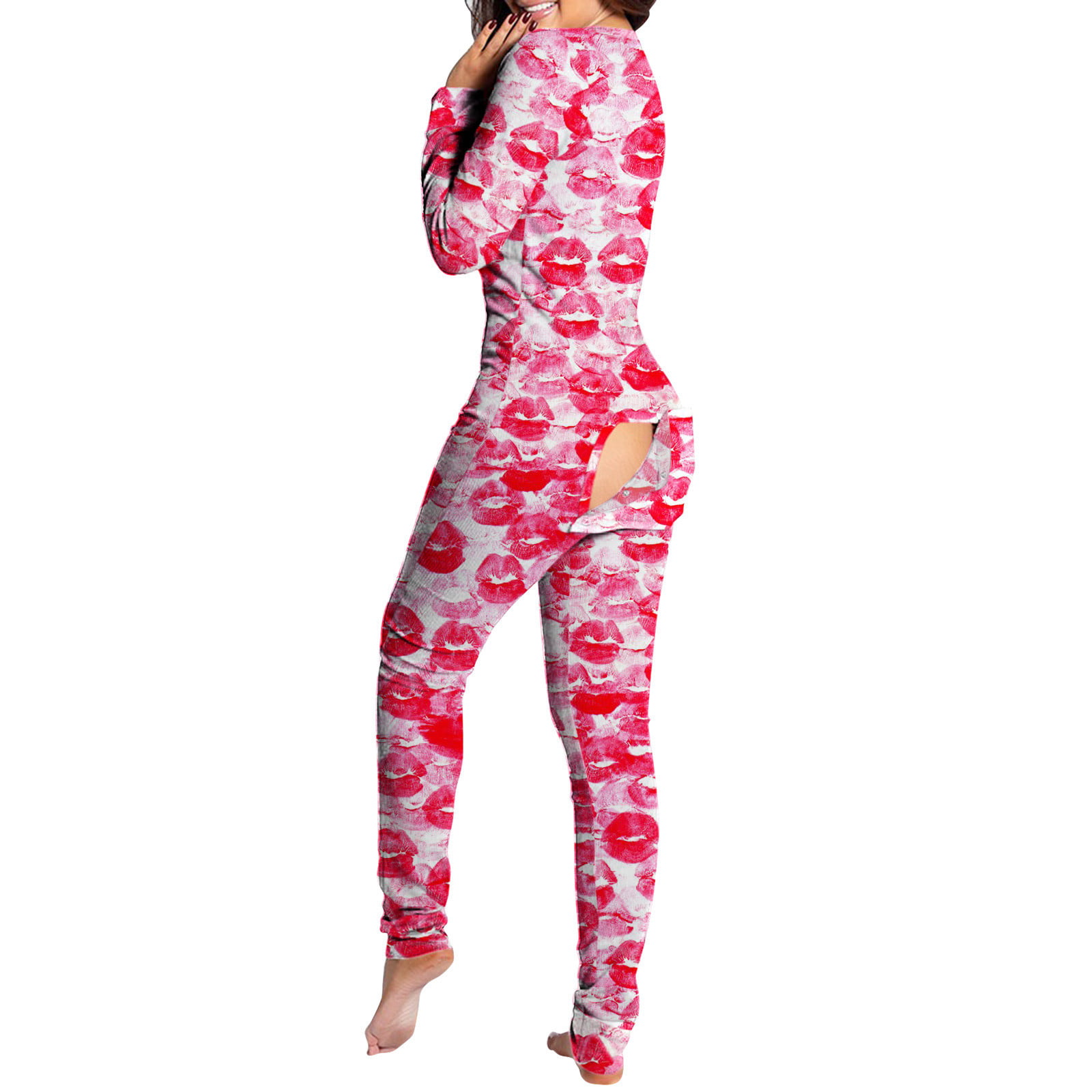 Plain and Printed Functional Button-Style flip-Over Pajamas for Adult Women 