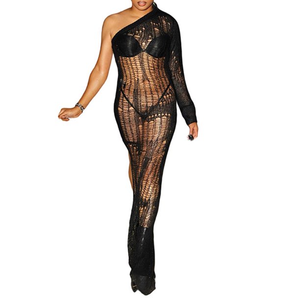 VISgogo Vestido ajustado de un hombro para mujer, vestido de manga larga con abertura lateral de color sólido VISgogo moda