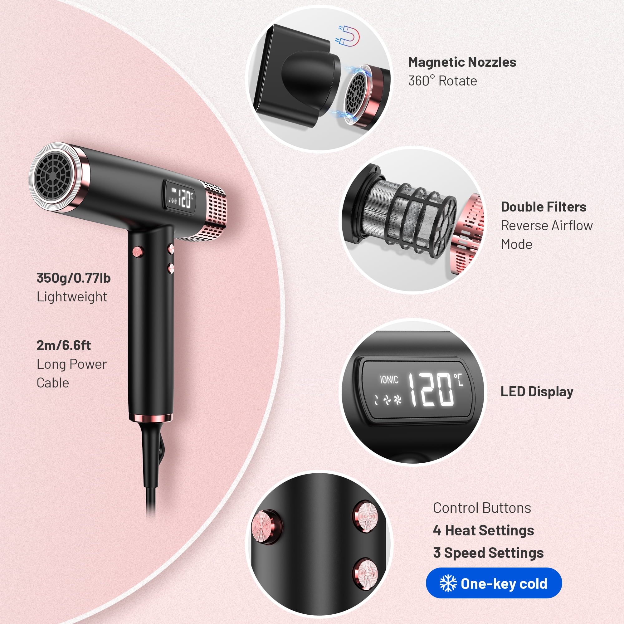 Dual Voltage Ionic Hair Dryer with Diffuser, High Speed Ionic Hair Dryer, Fast Drying, No Heat Damage, Instant Heat Blow Dryer with 3 Attachments, LCD Screen