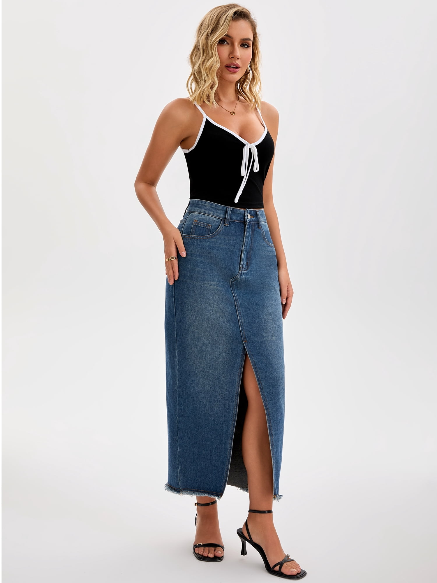 DARING DIVA Women's Denim Split Front Raw Hem Washed Maxi Jean Skirts XX-Large Retro Blue