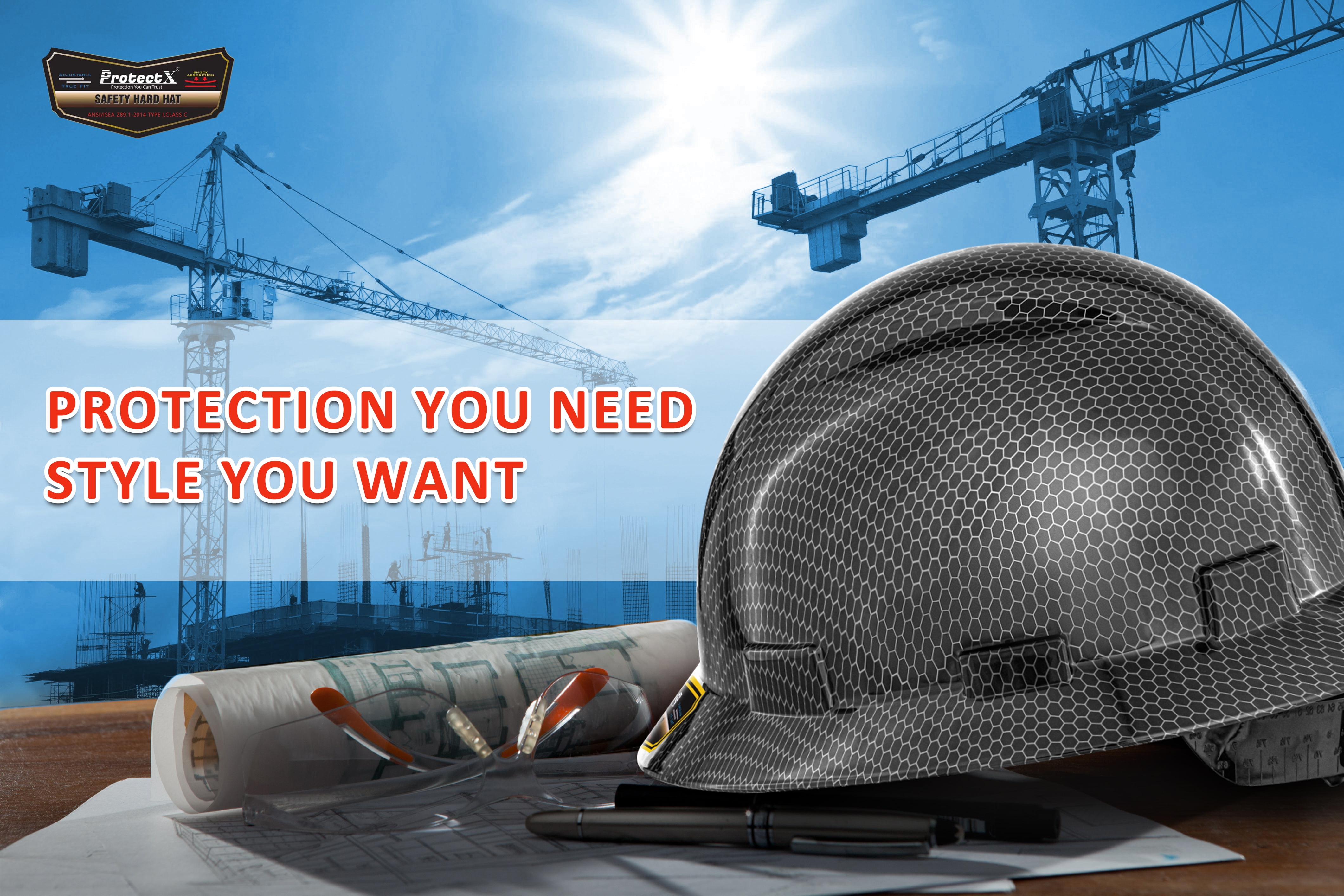 ProtectX Premium Full Brim Hard Hat, Cascos De Construccion for Safety, 6-point Adjustable Ratchet Suspension, Black Honeycomb, OSHA/ANSI Compliant