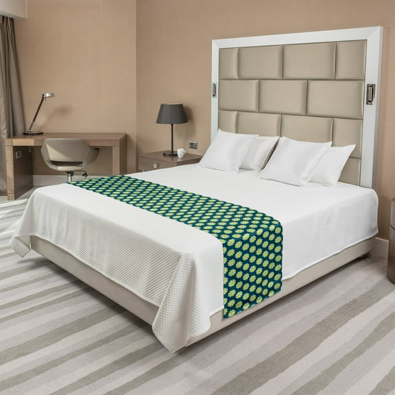 Floral Bed Runner, Repetitive Spring Season Flowers Round Retro Ornaments Flourishing, Decorative Accent Bedding Scarf for Hotels Homes and Guestrooms, Queen, Dark Teal Yellow, by Ambesonne