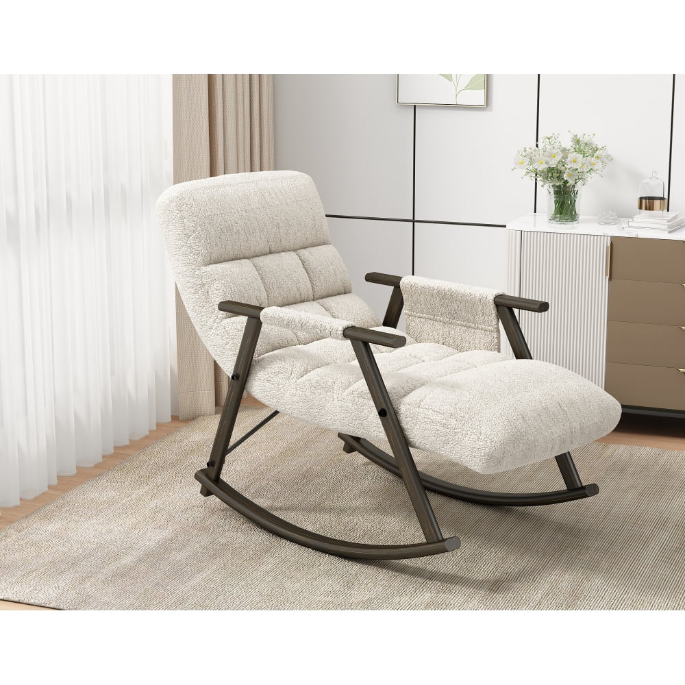 LUCKHAO Modern Velvet/Teddy Living Room Adjustable High Back and Foot Rest Rocking Chair,White