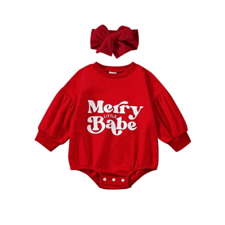 

Autumn Xmas 2pcs Baby Girls Boys Cute Romper Hairband Set 0-24M Christmas Letter Printed Long Lantern Sleeve Jumpsuit