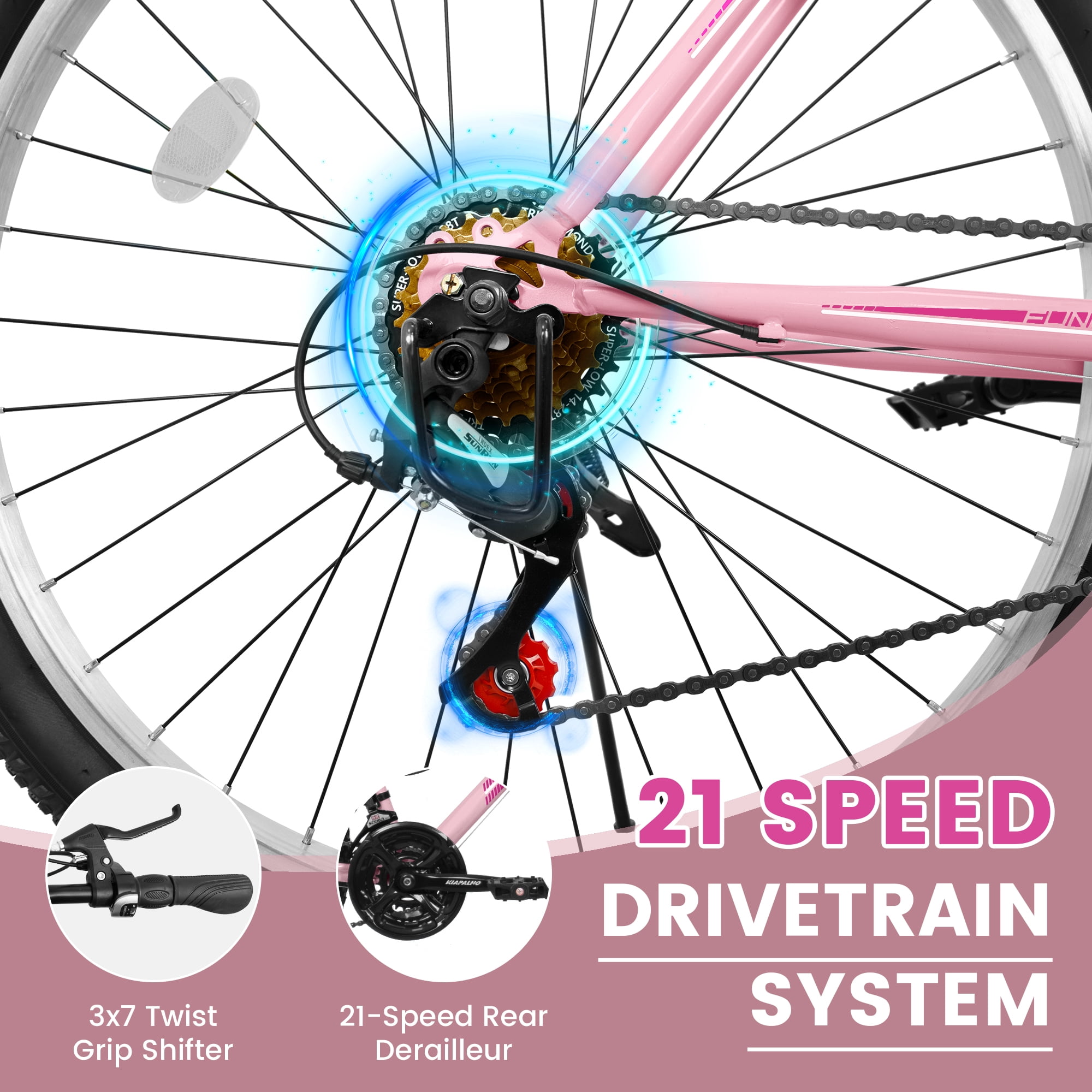 24 Inch Mountain Bike for Girls Women, 21 Speed Mountain Bicycle with V-Brake and Carbon Steel Frame, Female Commuting City Bike to School Work, Pink