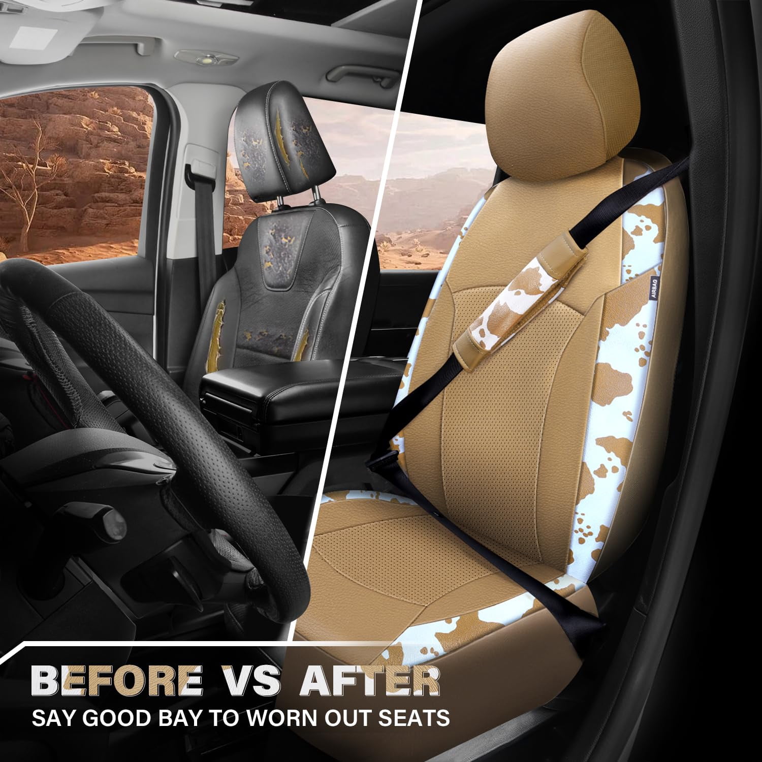 CAR PASS Leopard Print Faux Leather Car Seat Covers & Leopard Car Mats&Leopard Steering Wheel Cover Seat Belt Pad Universal Car Accessories for SUV,Van,Saden,Truck Automobile Interior Sets