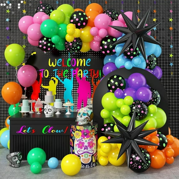 WODJR 137 Pcs Neon Balloon Arch Neon Party Decorations Purple Pink Blue Balloon Arch Rainbow Balloon Arch Disco Party Decorations Back to 80s 90s Party Decorations Glow in The Dark Party Decorations