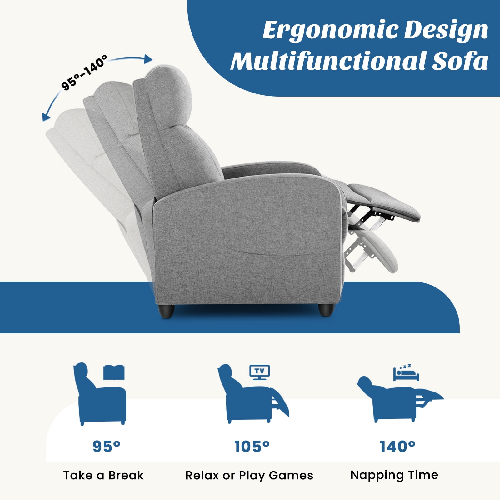 JIOABL Recliner Sofa, Adjustable Comfort Footrest for Living Room, Lounge, Bedroom, Gray