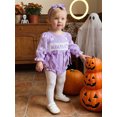 thumbnail image 4 of RUINIXCW Newborn Baby Girls Halloween Outfit Gingham Plaid Bubble Romper Long Sleeve Ghost Witch Hat Pumpkin Print Smocked Bodysuit Playsuit with Headband, 4 of 9