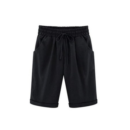 Women Elastic Waist Bermuda Shorts Plus Size Short Trouser Pocket Cropped