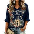 thumbnail image 2 of 9/11 25th Anniversary Commemorative T-Shirt for Women Waffle Knit Shirts V Neck 3/4 Sleeve Tshirts Vintage 911 Memorial Tee Blue XL, 2 of 5
