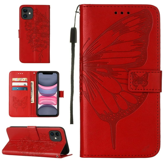 Mantto iPhone 11 Case, Magnetic Folio Butterfly Patterned Wallet Case, PU Leather with Wrist Strap Credit Card Holder Slots Kickstand Protective Cover For iPhone 11, Red