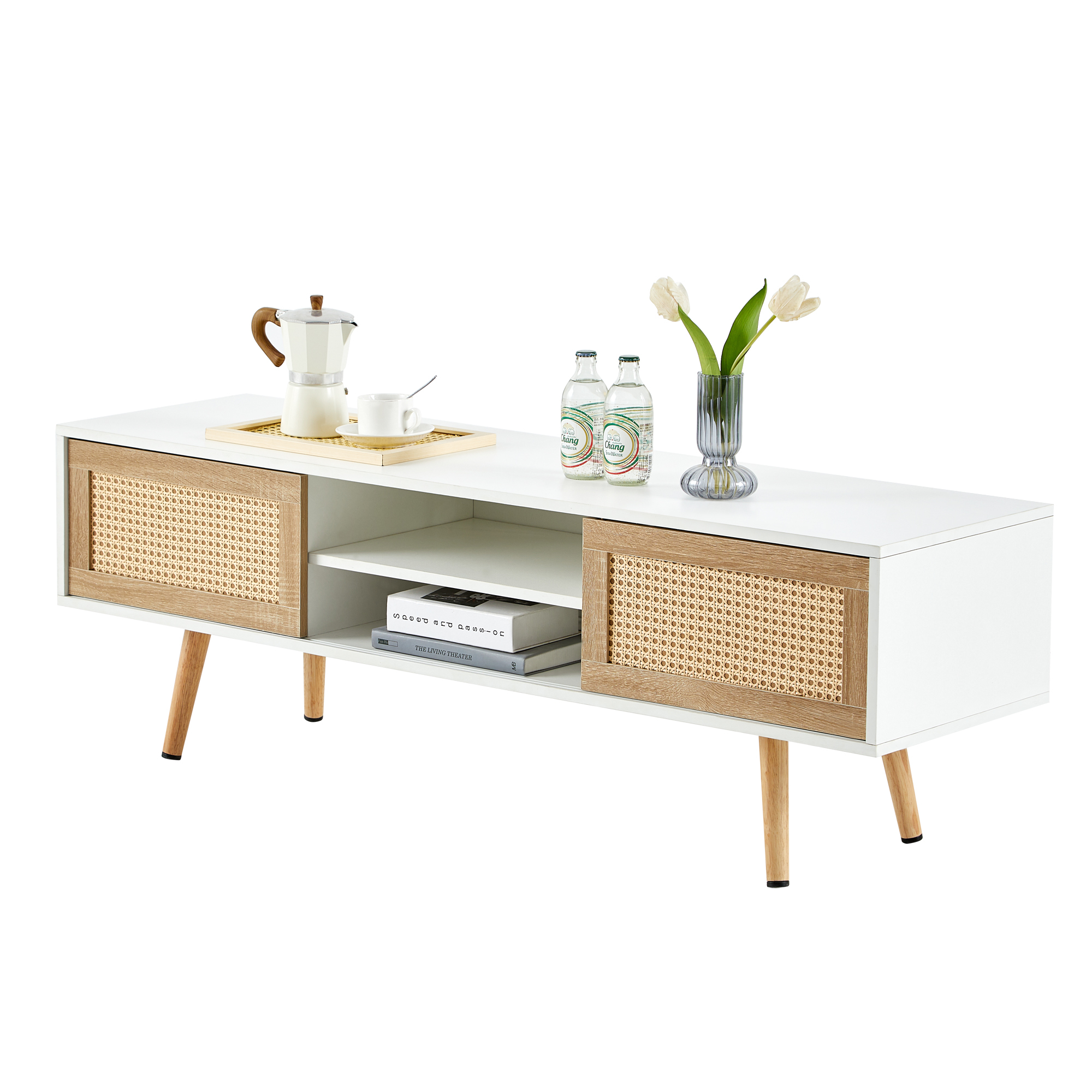 Leumius Modern Coffee Table with Storage,55 Inch Rectangle Wooden Accent Center Tables with Sliding PE Rattan Woven Door Panel and Solid Wood Legs, Suitable for Living Room, Apartment,White