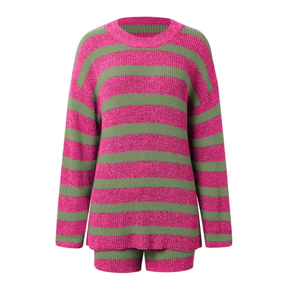 Two Piece Sets For Women Summer Women's Striped Sweater Set Cozy Oversized Matching Loungewear Top and Shorts Two Piece Outfit