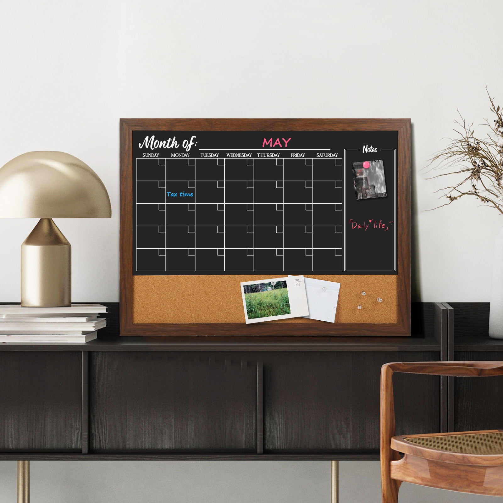 18" x 24" Chalkboard Calendar Corkboard Combo Bulletin Board Magnetic Calendar Chalkboard for Wall Combination Board Monthly Planner Blackboard Rustic Brown Frame with 2 Markers 6 Magnets 4 Pushpins