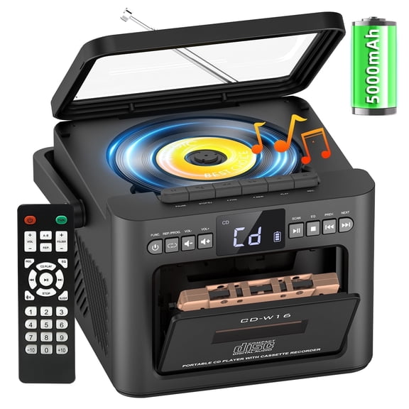 Jazmm 5000mAh Rechargeable CD Player Boombox Cassette Player Combo with Bluetooth, Speakers, Remote, FM, Music