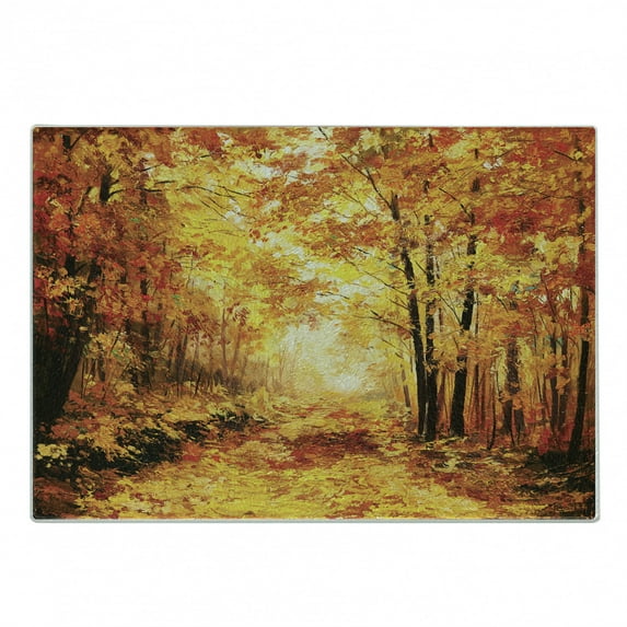 Country Cutting Board, Pale Shaded Autumn in the Forest Pastoral Calm Simple Life Nature Paint Away Art, Decorative Tempered Glass Cutting and Serving Board, Small Size, Orange Brown, by Ambesonne