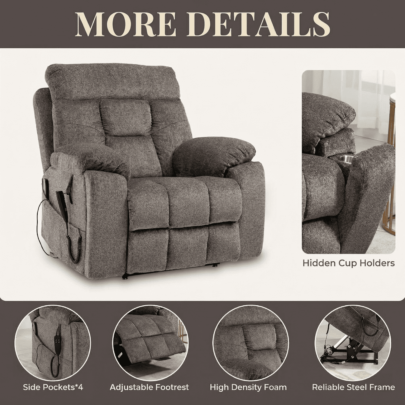 Lift Recliner Chair with Dual Motor, Oversized Power Lift Recliner for Elderly, Heat and Massage, 26" Wide Seat Big and Tall Recliner, 180° Lay Flat Electric Chair, 400 LBS, Brown