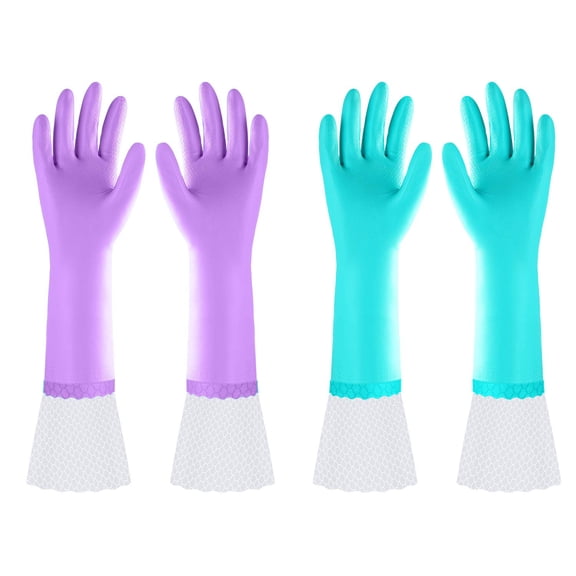 Elgood Reusable Long Dishwashing Cleaning Gloves with Latex Free, Long Cuff,Cotton Lining,Kitchen Gloves 2 Pairs,Purple Blue Medium