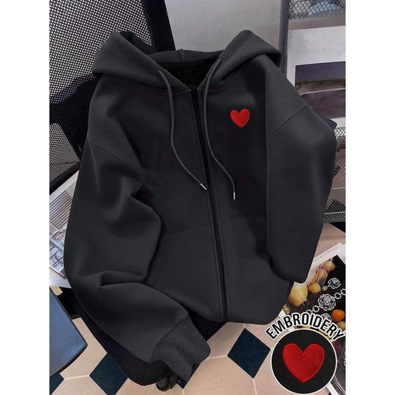 Women's Full-Zip Hooded Sweatshirt with Embroidered Detail - Long Sleeve Drawstring Hoodie with Kangaroo Pocket
