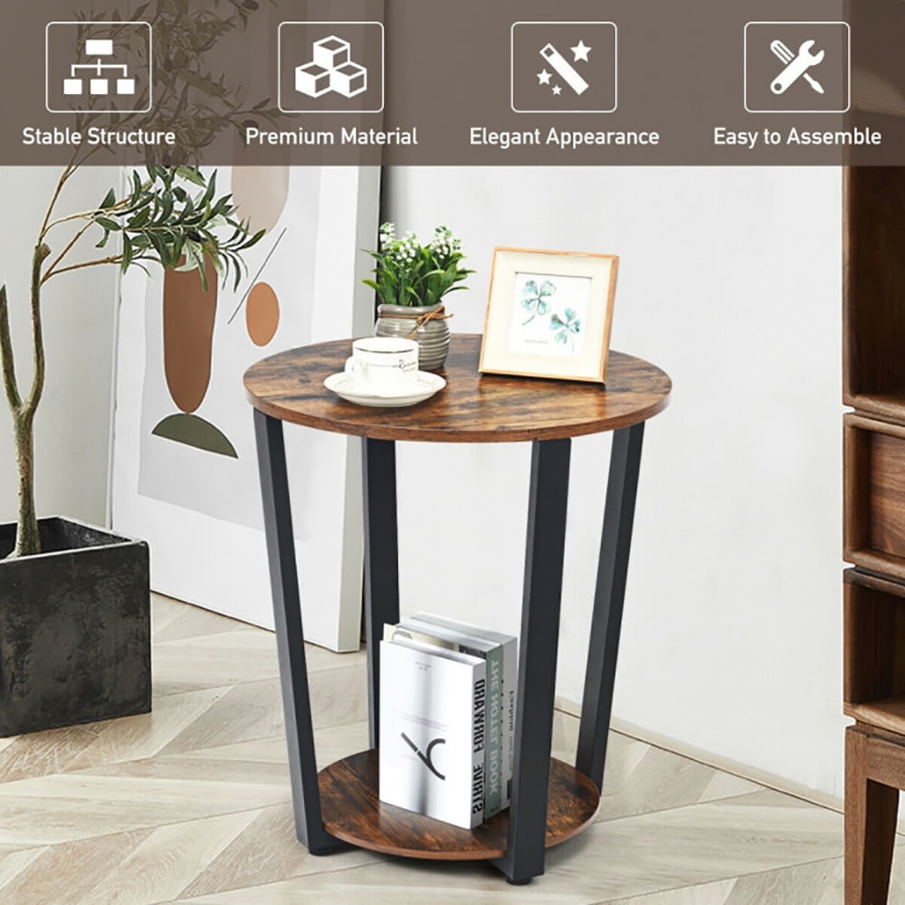 Finihen Round End Table, 2-tier Round End Table with Storage Shelf and Metal Frame for Living Room, Bedroom, Brown Finihen Round End Table, 2-tier Round End Table with Storage Shelf and Metal Frame for Living Room, Bedroom, Brown