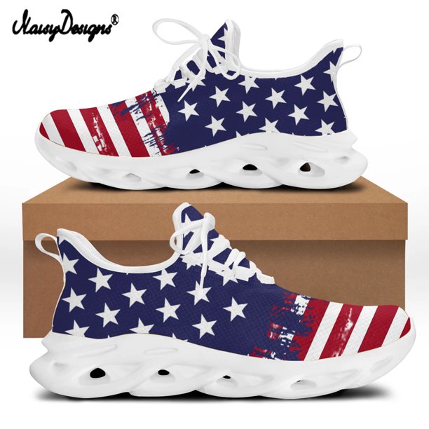 Noisydesigns - Zapatillas planas informales de malla tejida para hombre, de verano y otoño, con estampado de bandera estadounidense, suela blanca, resistentes al desgaste, para adolescentes