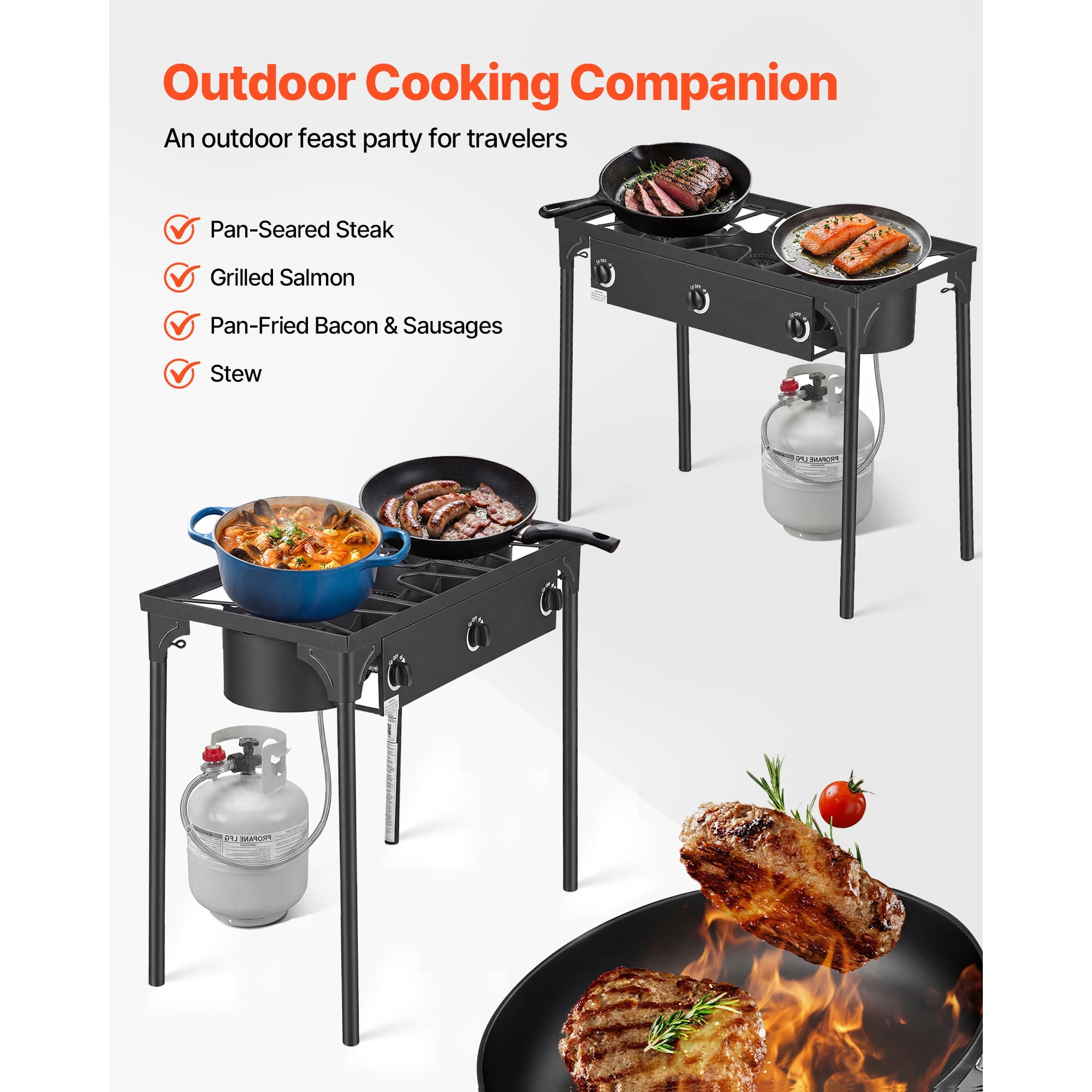 KFFKFF 3-Burner Outdoor Propane Gas Stove, 225,000 BTU LPG Camping Cooker, Durable Carbon Steel Design with Shield, Tall Stand, and Regulator, Ideal for BBQs, Camping, Patios, and Backyards