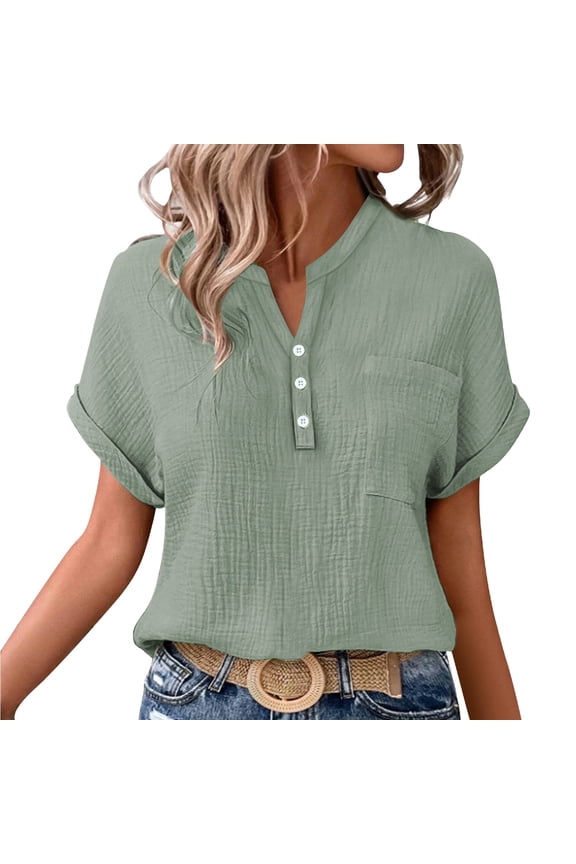 Womens Tops Women Double Layer Bubble Crinkle Fabric Batwing Sleeve Patch Pocket Henley Neck Casual Work T Shirt Blouse Camouflage 4XL