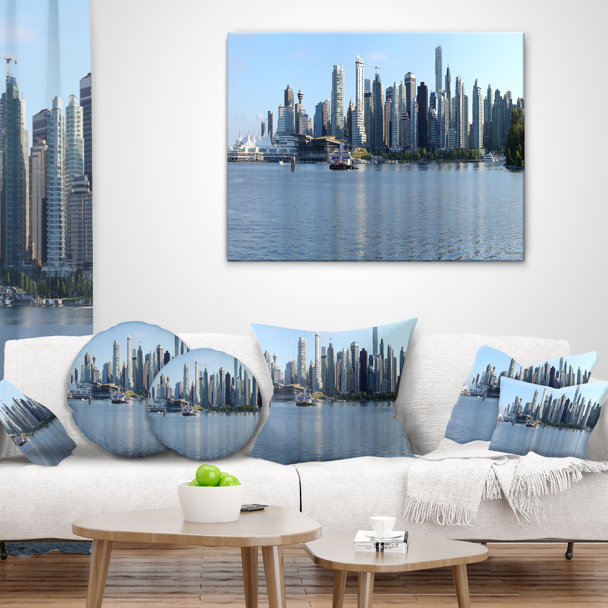Designart Vancouver BC Skyline Panorama - Cityscape Photo Throw Pillow - 12x20