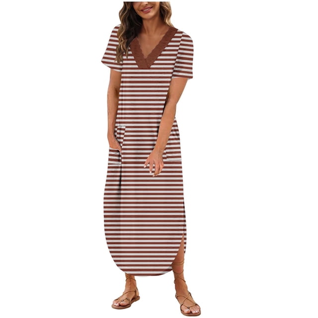 FAIWAD Robe T-Shirt d'Été pour Femme Décontractée à Manches Courtes Ourlet Arrondi Col en V Rayée Robes Maxi Robe Bohème