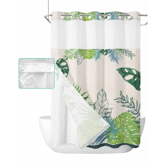 No Hook Shower Curtain with Snap in Liner, Green Hand-Painted Tropical Plant Leaves Linen Hotel Shower Curtains for Bathroom, Washable Shower Curtain Liner Set with Mesh Top Window, 72"x84"