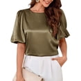 thumbnail image 4 of Women'S Satin Silk Blouses Puff Short Sleeve Dressy Casual Tops Loose Fit Crew Neck Cropped Shirts Green S, 4 of 10