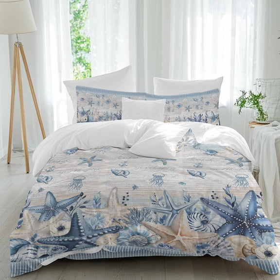 Oceanfish Queen Size Comforter Set, Coastal Vintage Blue Sea Shell Seahorse Jellyfish Stripe Bedding for All Seasons, 4 Pcs Bed Set, 1Quiltcover (90"x92") ,1Sheet(94"x116"), 2Pillowcases (30"x20")