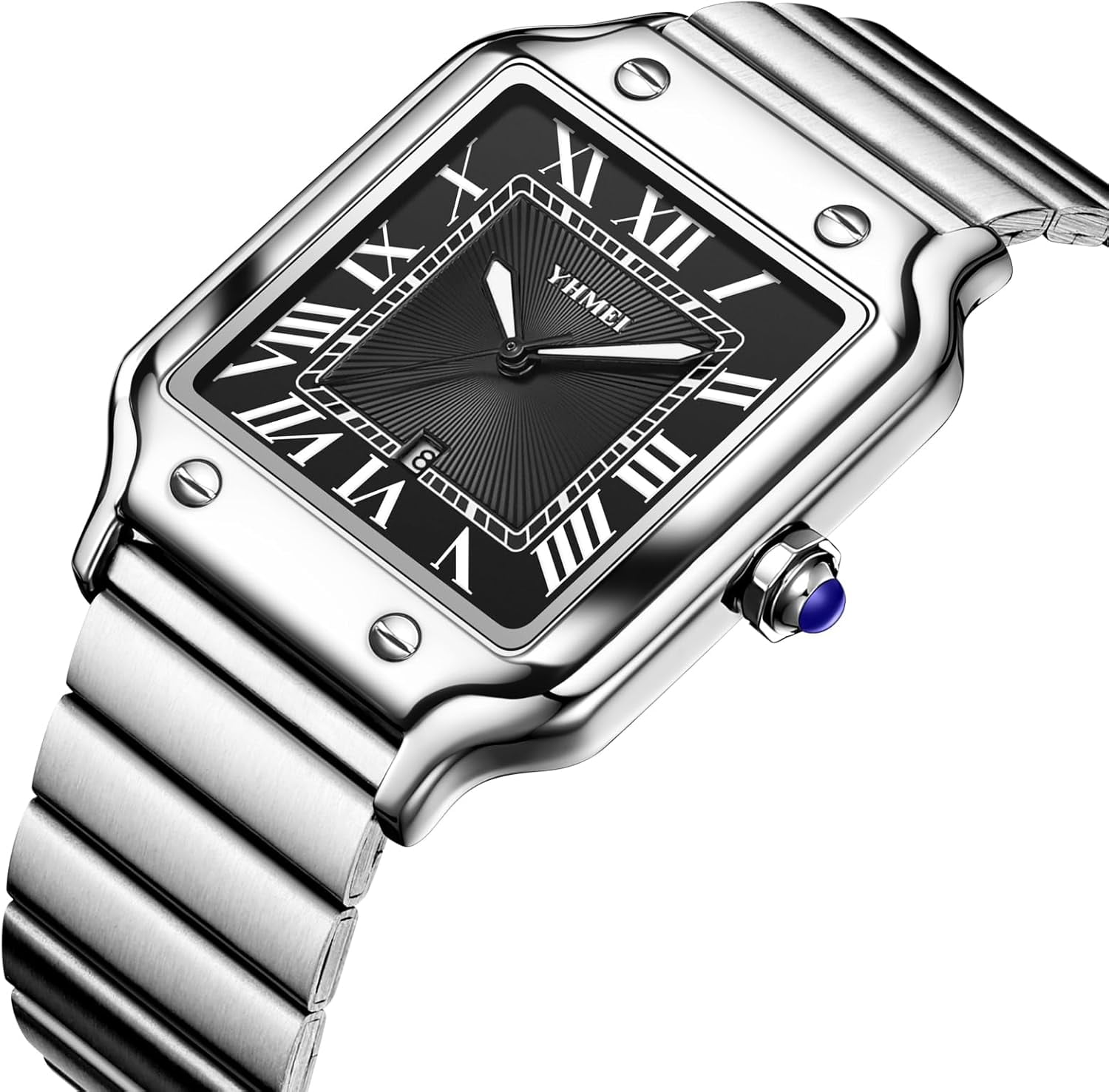 Unisex Classic Square Roman Numerals Silver Analog Waterproof Watches for Women Men Stainless Steel Strap Date Display Casual Wristwatch