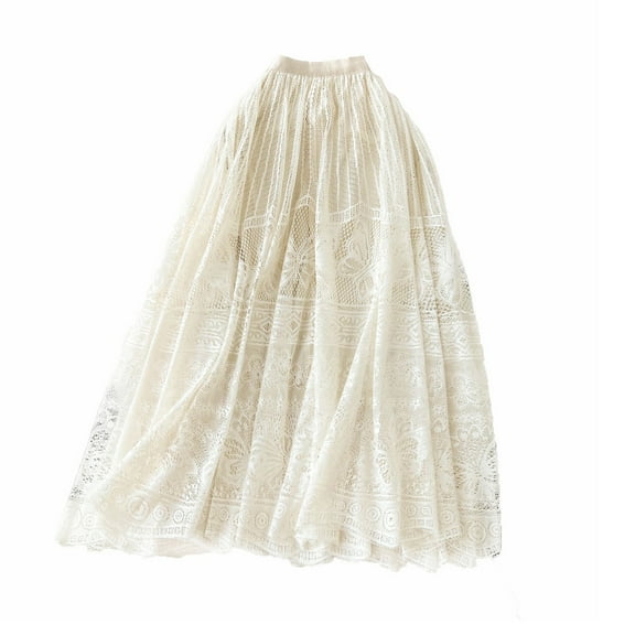 HomeGardon Skirts for Women Midi Skirts Woman Sweet Lace Crochet High Waist Solid Color A-Line Skirt